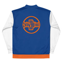 Load image into Gallery viewer, Unisex Bomber Jacket (Dark Cerulean w/Orange & White)