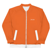 Load image into Gallery viewer, Unisex Bomber Jacket (Orange w/White)