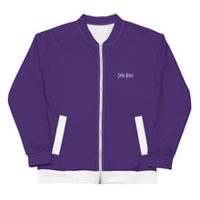 Load image into Gallery viewer, Unisex Bomber Jacket (Purple w/White)