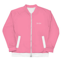 Load image into Gallery viewer, Unisex Bomber Jacket (Tickle Me Pink w/White)