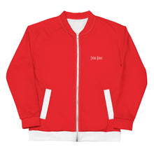 Load image into Gallery viewer, Unisex Bomber Jacket (Alizarin w/White)