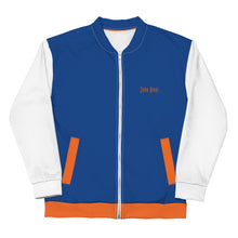 Load image into Gallery viewer, Unisex Bomber Jacket (Dark Cerulean w/Orange & White)