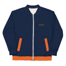 Load image into Gallery viewer, Unisex Bomber Jacket (Navy w/Orange)