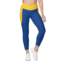 Load image into Gallery viewer, Crossover leggings with pockets (Dark Cerulean & Gold)