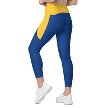 Load image into Gallery viewer, Crossover leggings with pockets (Dark Cerulean & Gold)