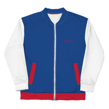 Load image into Gallery viewer, Unisex Bomber Jacket (Dark Cerulean w/Red &amp; White)
